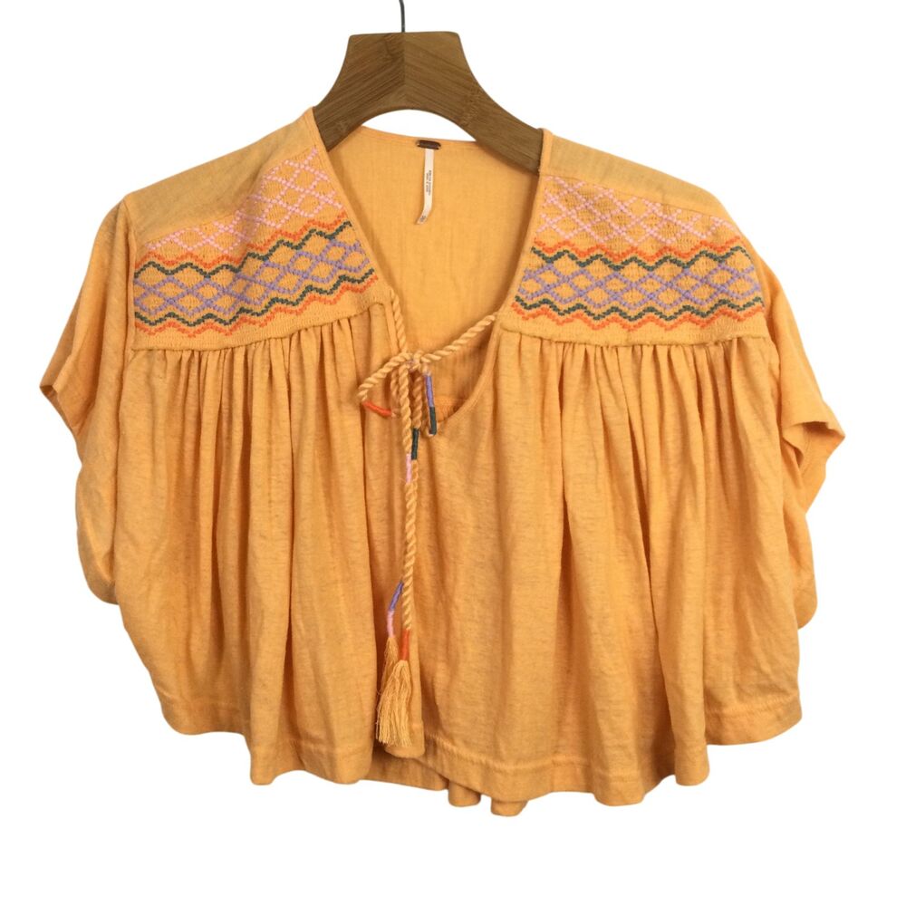 Free People Womens Relaxed Embroidered V-Neck Top Short Sleeve Orange Size XS